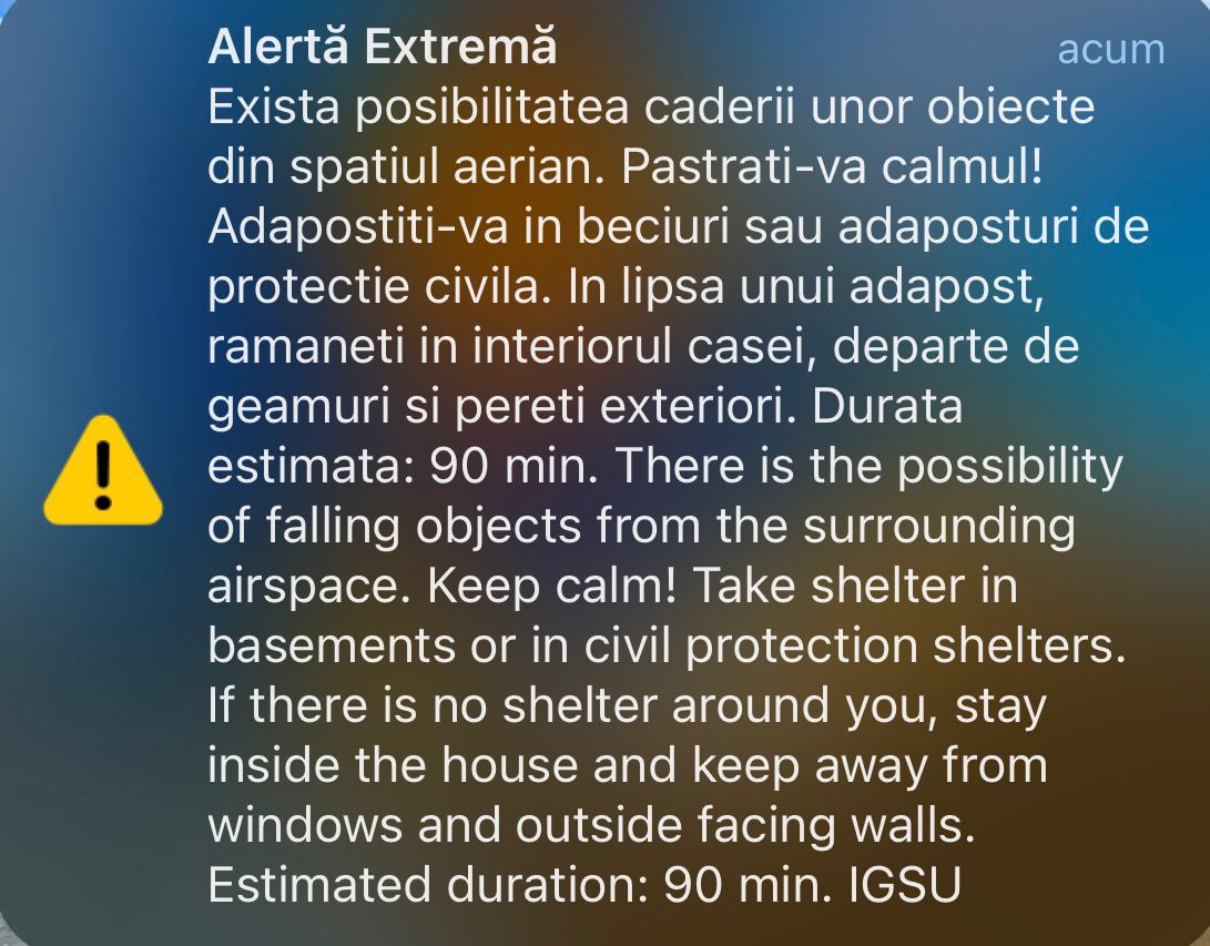 Alertă aeriană în nordul județului Tulcea. Mesaj RO-Alert: există posibilitatea căderii unor obiecte pe teritoriul României
