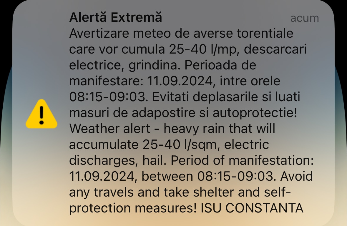 A fost emis un mesaj RO-Alert: ploi torențiale, descărcări electrice și grindină