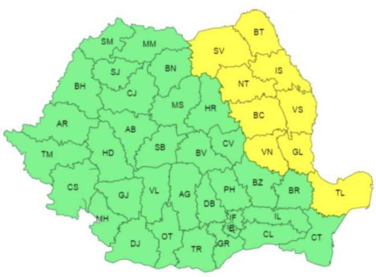 Cod galben de ploi torențiale pentru 9 județe din țară
