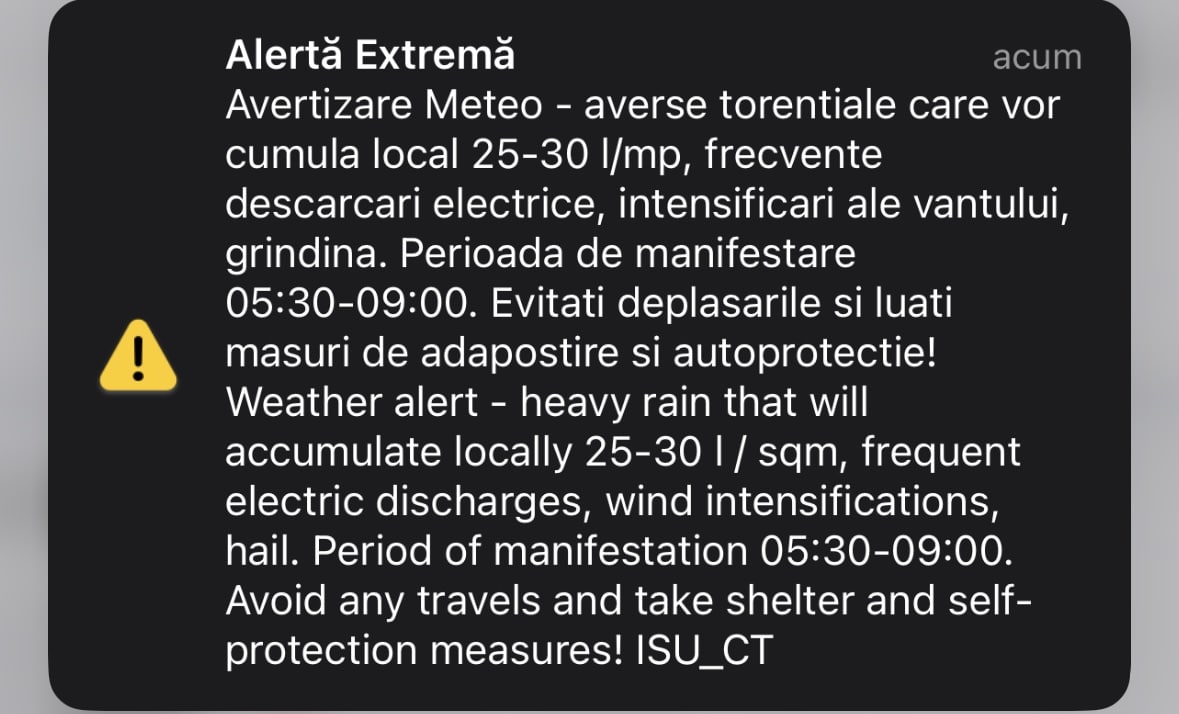 Mesaj Ro-Alert de averse torențiale, descărcări electrice, vânt și grindină emis de ISU Constanța