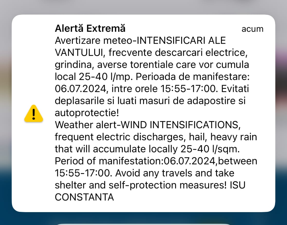 Cod galben de ploi torențiale, descărcări electrice și vânt puternic în Dobrogea. A fost emis un mesaj RO-Alert