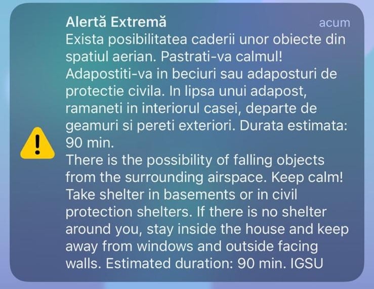 Un mesaj RO-Alert a fost emis în Constanța: Adăpostiți-vă în beciuri sau adăposturi de protecție civilă