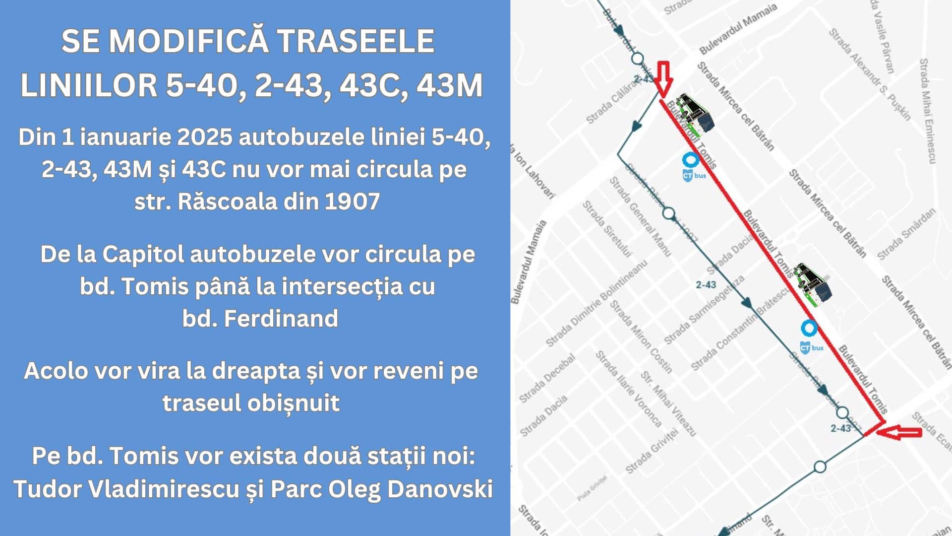 Se modifică traseele liniilor 5-40, 2-43, 43C, 43M