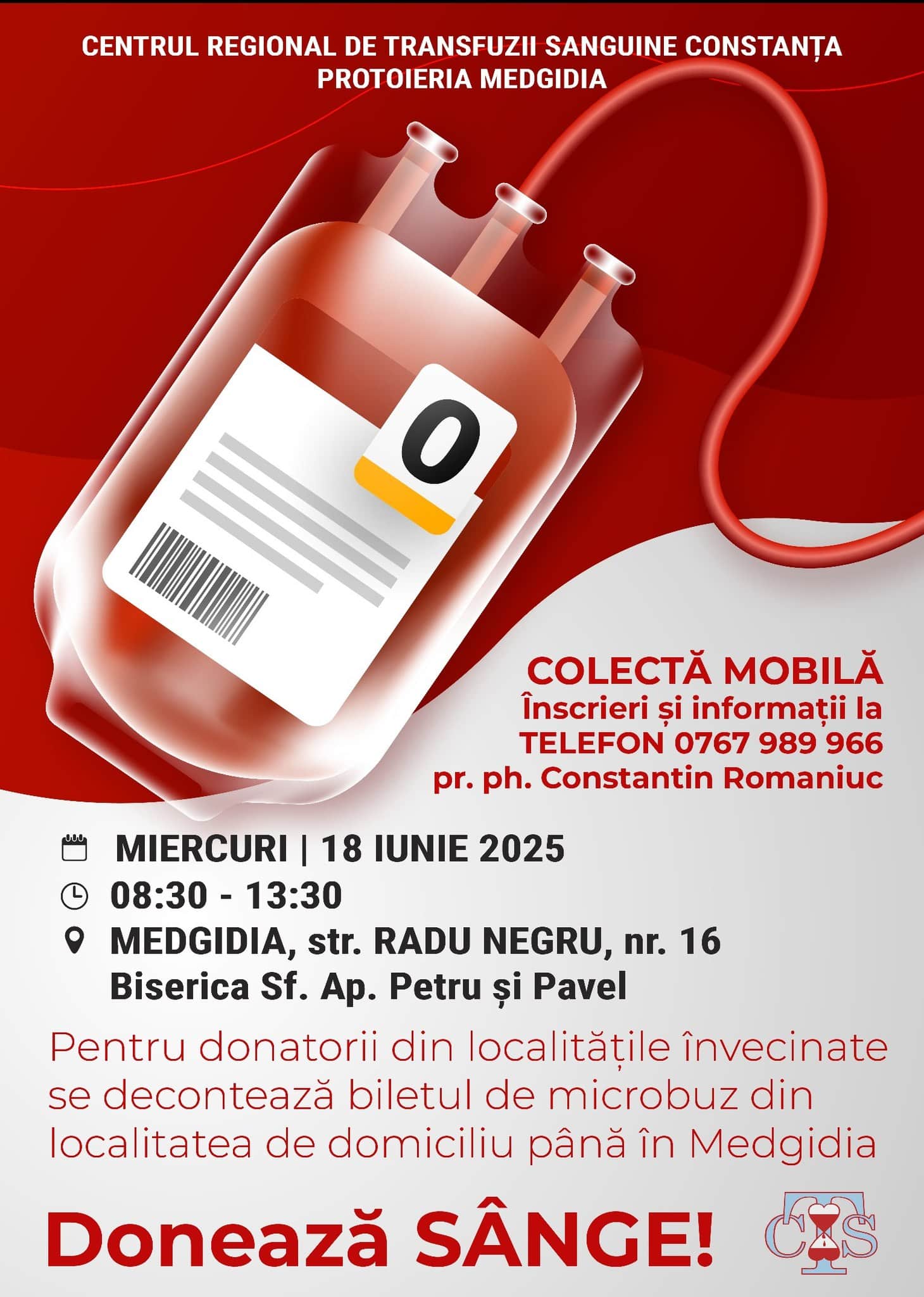 Centrul Regional de Transfuzii organizează colectă mobilă de sânge la Medgidia