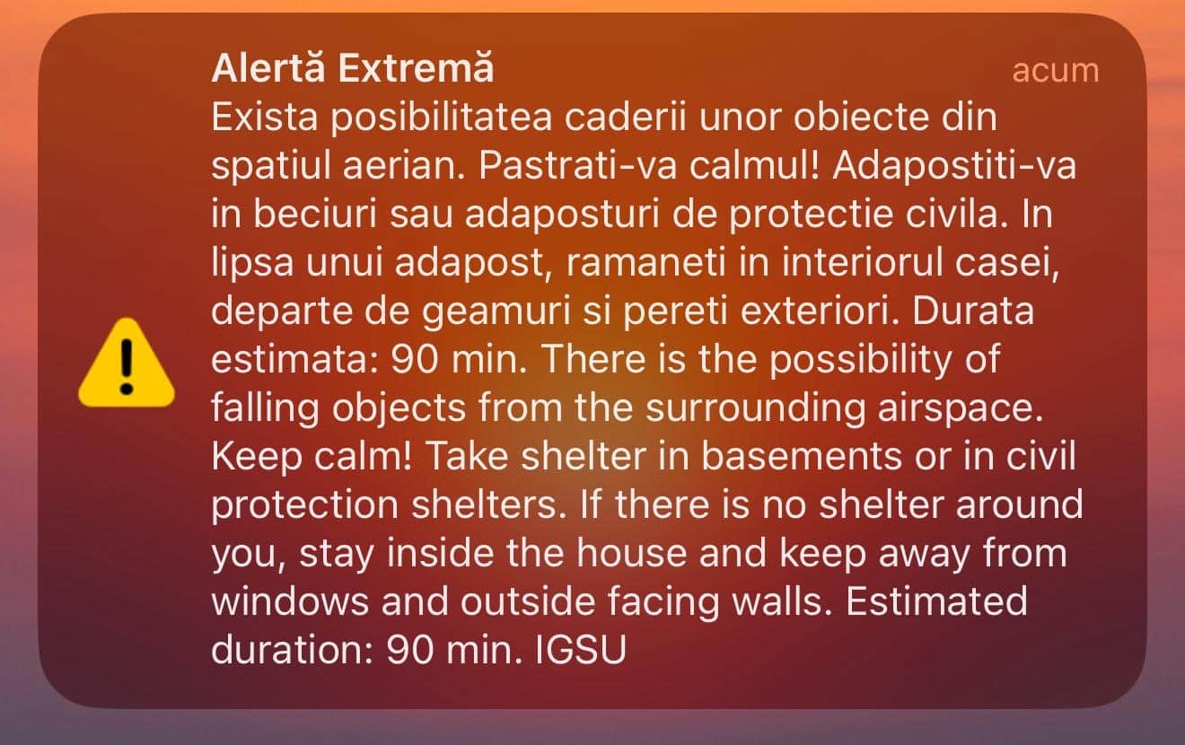 Alertă RO-Alert în nordul județului Tulcea: populația avertizată cu privire la posibila cădere a unor obiecte din spațiul aerian