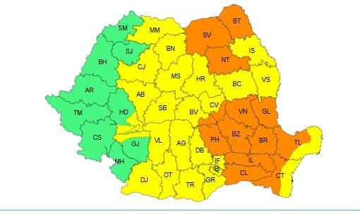 ANM: Cod galben și portocaliu de furtuni în Dobrogea, Muntenia și Moldova