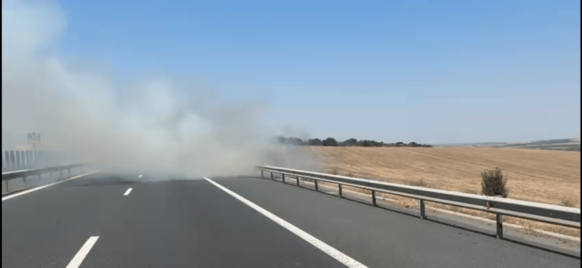 VIDEO: Incendiu de vegetație pe Autostrada A2 la km 169. Trafic închis temporar și deviat prin Medgidia