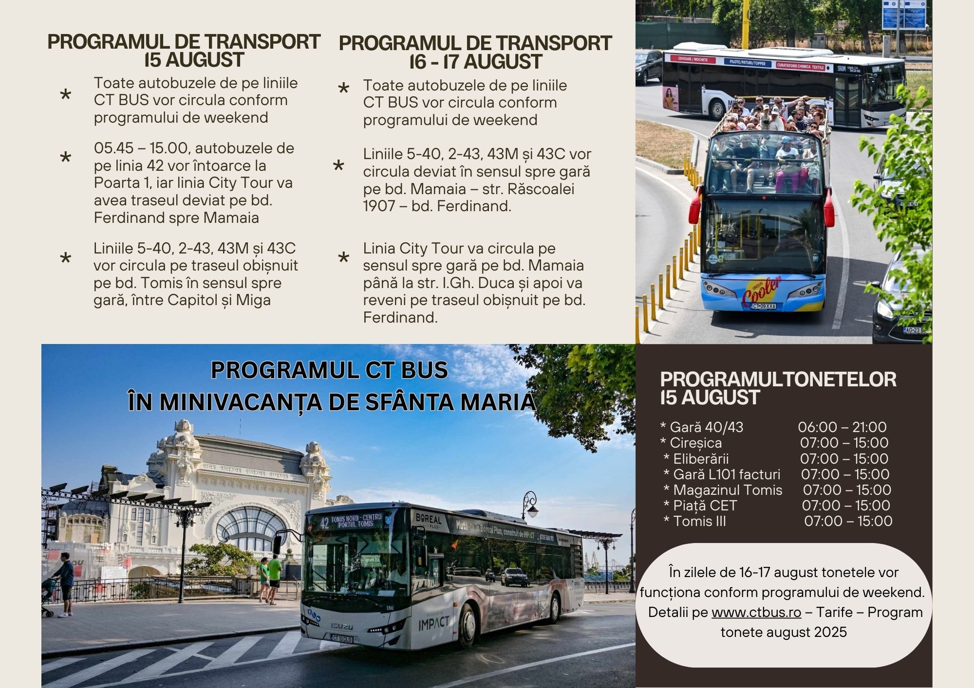 CT BUS: Programul autobuzelor și tonetelor în minivacanța de Sfânta Maria