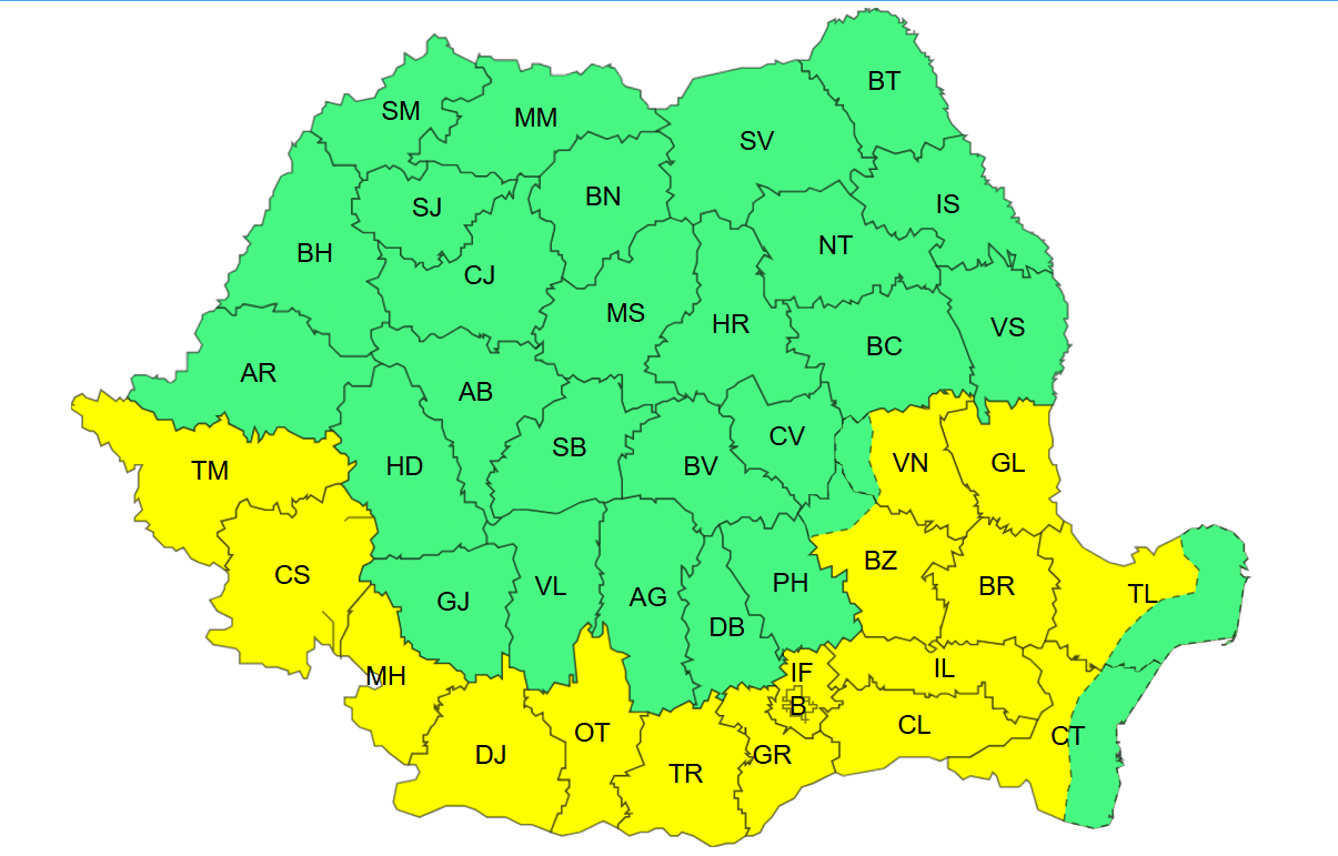 ANM: Cod galben de caniculă în mai multe regiuni, inclusiv în Dobrogea continentală
