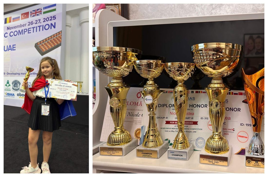 O fetiță din Mangalia uimește lumea! La doar 9 ani, Nicole câștigă marele titlu „Champion” la olimpiada din Dubai. La competiție au participat 300 de copii