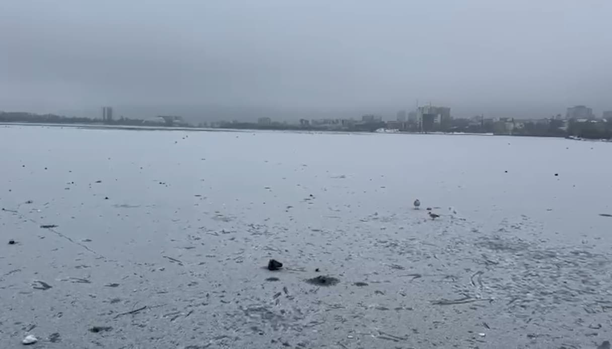 Imagini de iarnă spectaculoase la Constanța. Lacul Tăbăcăriei s-a transformat într-o oglindă de gheață după nopți de ger