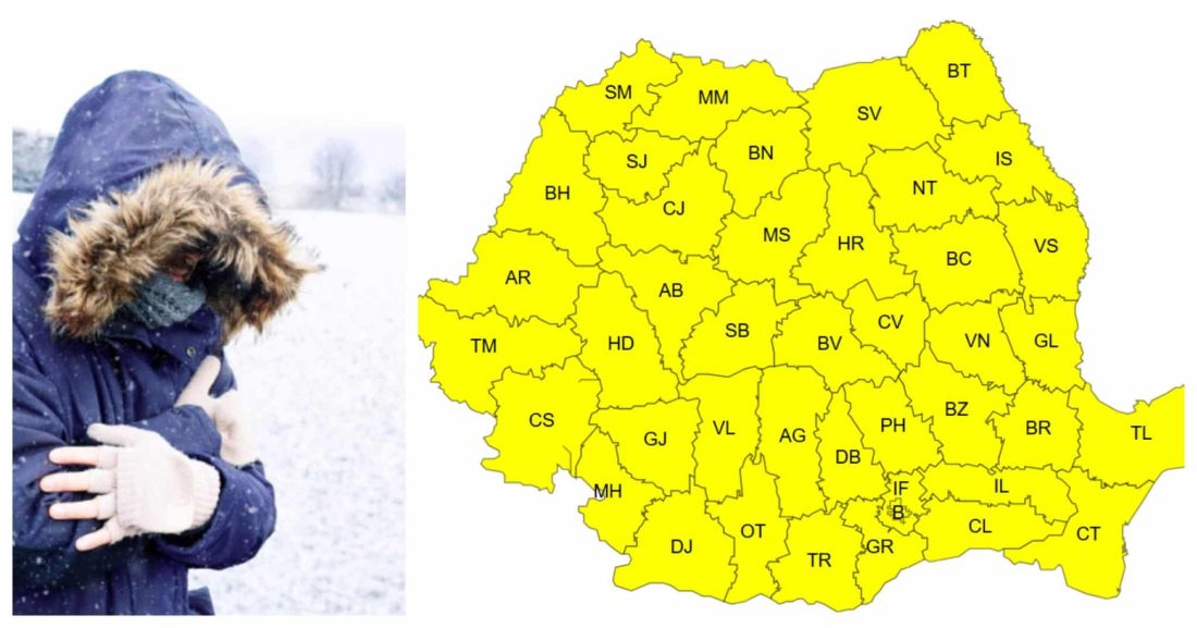 Alertă meteo de ultimă oră! Cod galben de ger în toată țara, temperaturi minime cuprinse între -19 și -9 grade