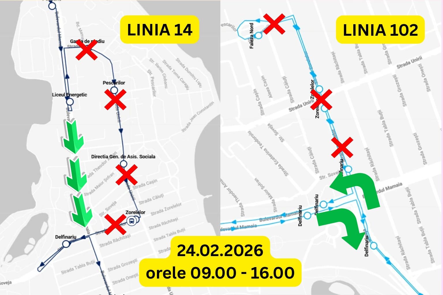 ANUNȚ CT BUS. Liniile 102 și 14, deviate temporar din cauza unei lucrări RAJA