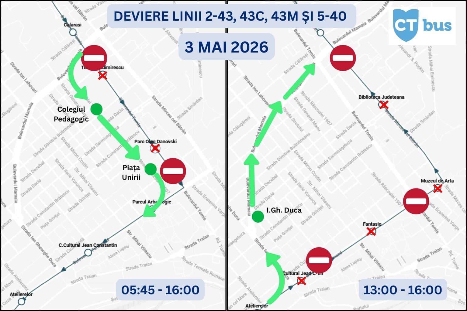 Trasee deviate pentru mai multe linii CT BUS pe 3 mai
