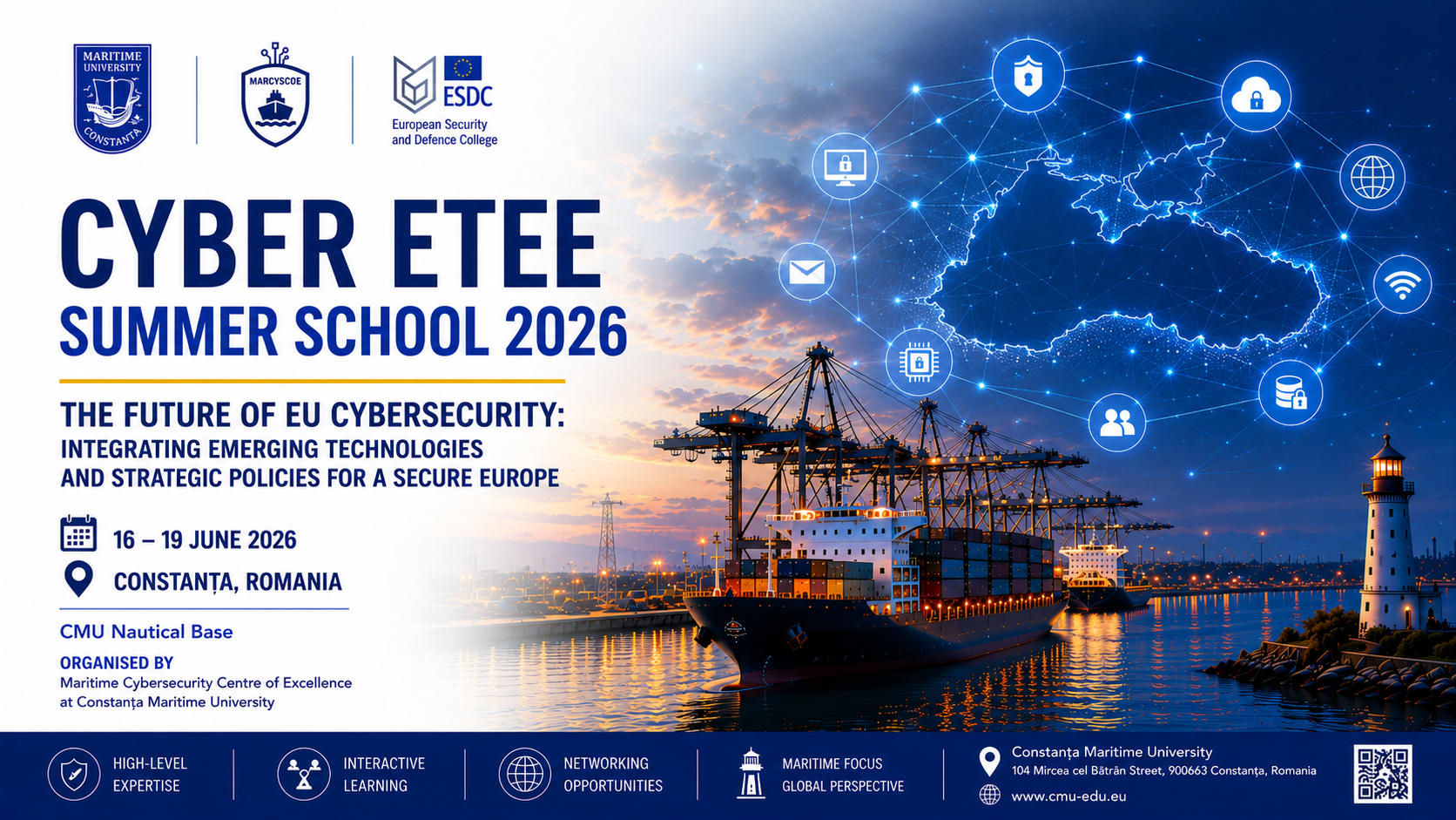 Universitatea Maritimă din Constanța găzduiește a cincea ediție a Școlii de vară „Cyber ETEE”, organizată de Centrul de Securitate Cibernetică Maritimă sub egida Colegiului European de Securitate și Apărare