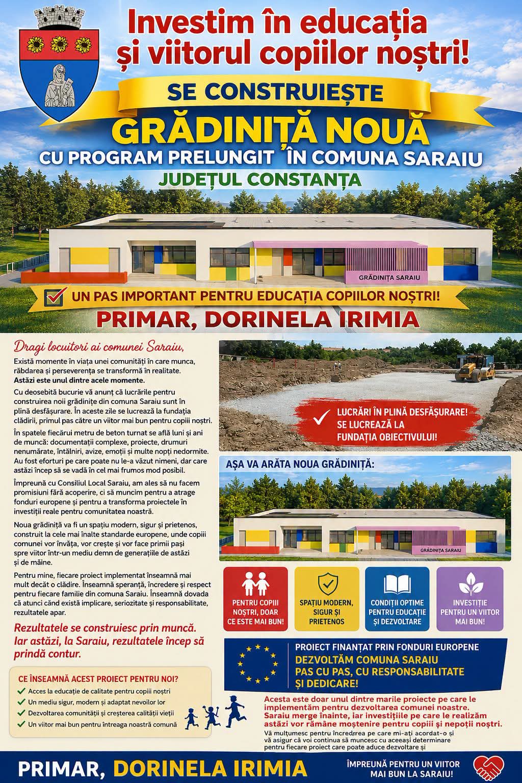 Comuna Saraiu investește în viitor: va fi construită o grădiniță modernă printr-un proiect de aproape 4 milioane de lei