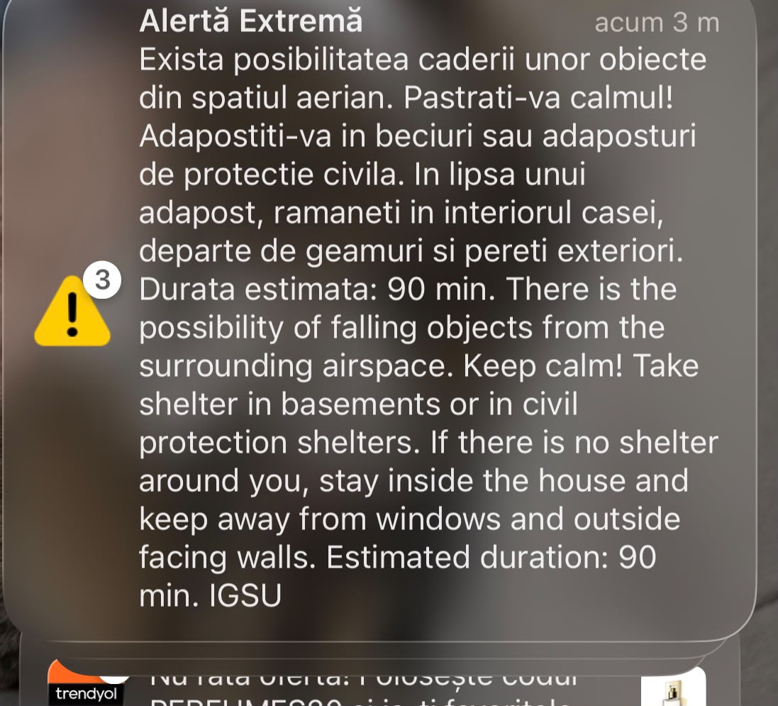 Al treilea mesaj RO-Alert din ultimele ore pentru judeţul Tulcea. ”Adăpostiţi-vă în beciuri sau adăposturi de protecţie civilă”