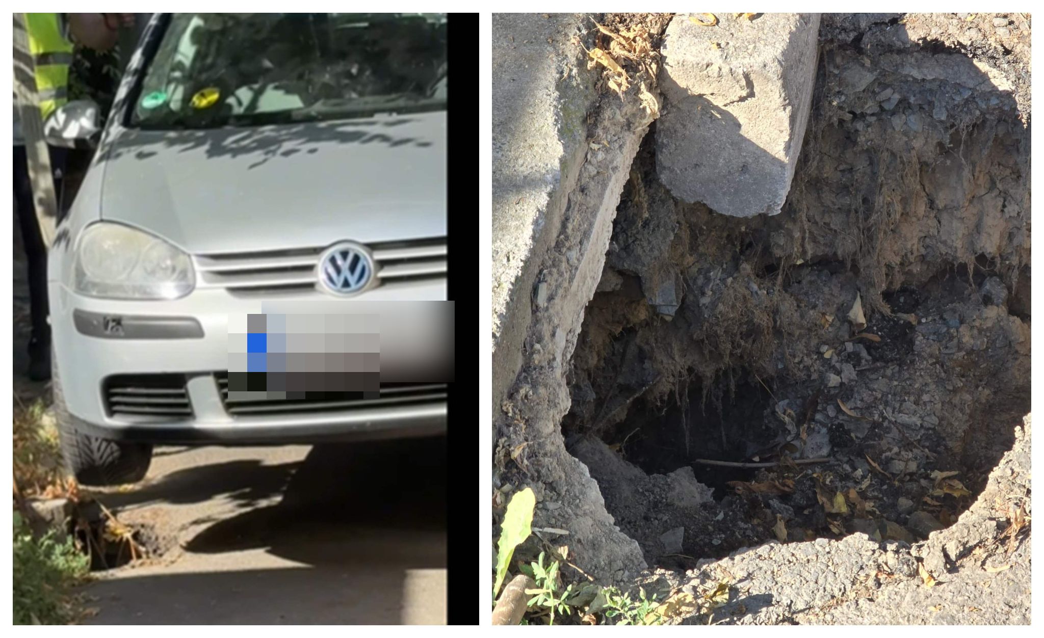 Asfalt surpat pe o stradă din Constanța. O mașină a căzut în zona afectată